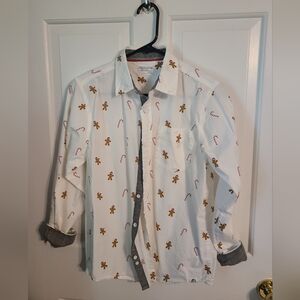 Free Planet Boys Long Sleeve Buttondown Gingerbreadman & Candy Cane  14/16